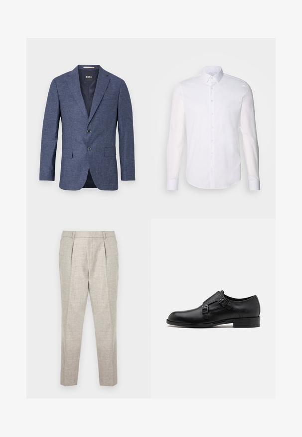 Ναυτικό μπλε σακάκι σε υφασμάτινη υφή, μονόκουμπο με δύο μπροστινά κουμπιά, κανονικούς γιακάδες και πλαϊνές τσέπες. Επενδεδυμένο εσωτερικό.; Λευκό πουκάμισο με μακριά μανίκια και κουμπάκια, φτιαγμένο από βαμβάκι, με κλασικό γιακά, μπροστινά κουμπιά και ελάχιστες λεπτομέρειες ραφής.; Ανοιχτό γκρι παντελόνι tailored με υφή, με ίσιο μπροστινό μέρος, δύο πτυχώσεις μπροστά και στενές, κομμένες γραμμές που σταματούν λίγο πάνω από τους αστραγάλους.; Μαύρο δερμάτινο παπούτσι με διπλές αγκύλες, κομψό σχήμα και στρογγυλή μύτη. Διαθέτει χαμηλό τακούνι και λεία υφή.