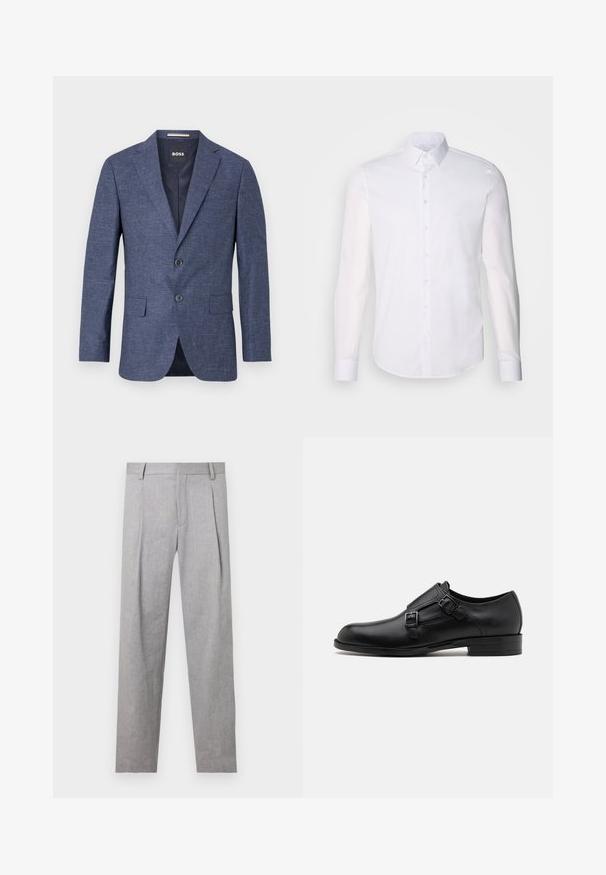 Temno modra blazer jakna iz teksturirane tkanine, enoredno zapenjanje z dvema sprednjima gumboma, z rezanimi ovratniki in stranskimi žepi. Podloženo notranjost.; Bela srajca z dolgimi rokavi in gumbom, izdelana iz bombaža, z klasičnim ovratnikom, sprednjimi gumbi in minimalnimi šivi.; Sive prirejene hlače z teksturirano tkanino, ki vključujejo nabore, ravno krojenega in klasičnega pasu.; Črne usnjene oblečne čevlje z dvema sponkama, elegantna silhueta in okrogla nos. Imajo nizek peto in gladko teksturo.