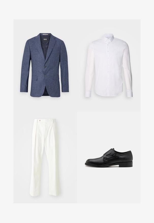 Námornícky modrý blejzer z textúrovanej tkaniny, s jedným radom gombíkov, s rozparkami a bočnými vreckami. Podšívaný interiér.; Biela košeľa s dlhým rukávom, vyrobená z bavlny, s klasickým golierom, prednými gombíkmi a minimálnym prešívaním.; Biele nohavice s rovnými nohavicami vyrobené z hladkej látky, s jedným predným záhybom, prednými vreckami a gombíkovým zapínaním v páse.; Čierne kožené spoločenské topánky s dvojitými prackami, elegantným siluetou a okrúhlou špičkou. Majú nízky opätok a hladký povrch.