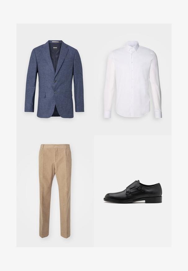 Námornícky modrý blejzer z textúrovanej tkaniny, s jedným radom gombíkov, s rozparkami a bočnými vreckami. Podšívaný interiér.; Biela košeľa s dlhým rukávom, vyrobená z bavlny, s klasickým golierom, prednými gombíkmi a minimálnym prešívaním.; Béžové kordové nohavice so strihom rovného nohavového strihu, s prednými záhybmi, pútkami na opasok a bočnými vreckami. Hladká, jemná textúra.; Čierne kožené spoločenské topánky s dvojitými prackami, elegantným siluetou a okrúhlou špičkou. Majú nízky opätok a hladký povrch.