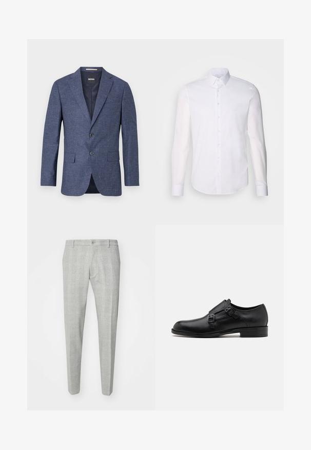 Mørkeblå blazer i strikket stof, en-knap, med to frontknapper, slagkrave og sidelommer. Foret indre.; Hvid langærmet button-up skjorte lavet af bomuld, med en klassisk krave, frontknapper og minimal syning detalje.; Gråternede bukser med en skræddersyet pasform, der har flad front, en enkelt knaplukning og bæltestropper. Fremstillet af et glat stof.; Sort læderherresko med dobbelte spænder, slank silhuet og rund tå. Har en lav hæl og glat tekstur.