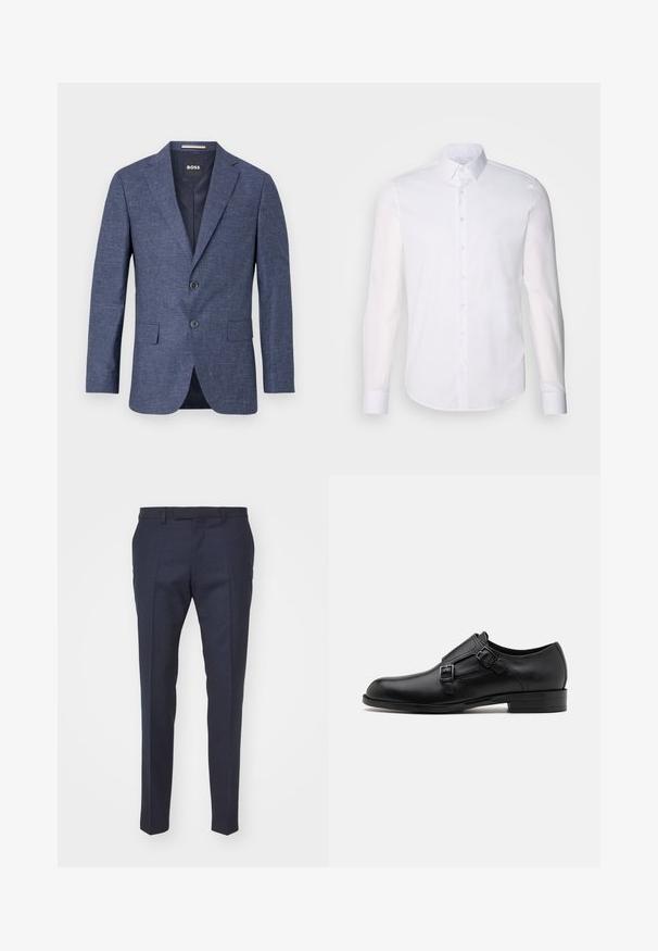 Sötétkék blézer texturált anyagból, egysoros, két elülső gombbal, hajtókás gallérral és oldalsó zsebekkel. Bélelt belső rész.; Fehér, hosszú ujjú, gombos ing, pamutból készült, klasszikus gallérral, elöl gombokkal és minimalista varrási részletekkel.; Tengerészeti szabott nadrág sima textúrával, lapos elejével, hajtással és elegáns illeszkedéssel, amely alkalmas formális eseményekhez.; Fekete bőrcipő, dupla csattal, letisztult sziluettel és kerek orral. Alacsony sarka és sima felülete van.