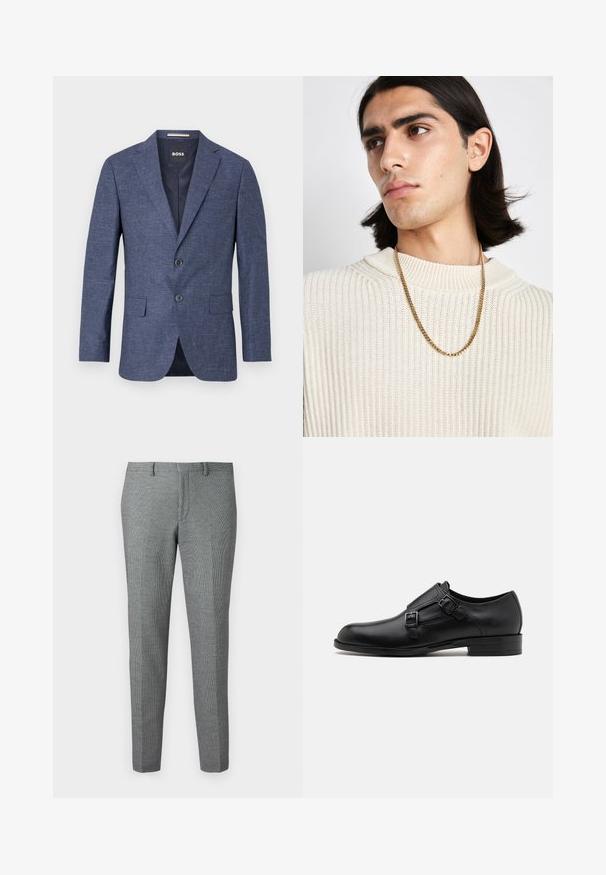 Jūras zilā blazeris teksturētā audumā, vienas rindas ar diviem priekšējiem pogām, ar izdajtajām atlokrām un sānu kabatām. Odere iekšpusē.; Balta kokvilnas krekla garajām piedurknēm ar pogām, kura dizainā ir klasiskā apkakle, priekšējās pogas un minimālistiska šuvju detaļa.; Pelēki, stilīgi bikses ar smalku houndstooth rakstu, sašaurinātiem galiem, jostas cilpām un plakanu priekšpusi.; Melnas ādas kleitas kurpes ar diviem sprādzēm, elegants siluets un apaļš purngals. Iezīmējas ar zemu papēdi un gludu tekstūru.; Zelta ķēdes kaklarota uzvilkta virs krēmkrāsas ribota džempera; mīksta tekstūra ar augstu apkakli un smalku rakstu audumā.