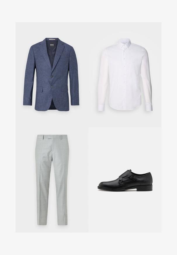 Sötétkék blézer texturált anyagból, egysoros, két elülső gombbal, hajtókás gallérral és oldalsó zsebekkel. Bélelt belső rész.; Fehér, hosszú ujjú, gombos ing, pamutból készült, klasszikus gallérral, elöl gombokkal és minimalista varrási részletekkel.; Világosszürke, szabott nadrág sima textúrájú anyagból. Diszkrét kockás mintával, lapos elülső résszel és egyenes lábakkal rendelkezik.; Fekete bőrcipő, dupla csattal, letisztult sziluettel és kerek orral. Alacsony sarka és sima felülete van.