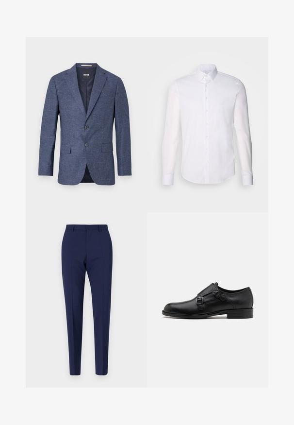 Temno modra blazer jakna iz teksturirane tkanine, enoredno zapenjanje z dvema sprednjima gumboma, z rezanimi ovratniki in stranskimi žepi. Podloženo notranjost.; Bela srajca z dolgimi rokavi in gumbom, izdelana iz bombaža, z klasičnim ovratnikom, sprednjimi gumbi in minimalnimi šivi.; Navy modri hlače s prilagojenim krojem in ožjim fitom, z gladko teksturo, ravnim sprednjim delom in pregibom na nogah. Brez vidnih žepov ali okrasnih elementov.; Črne usnjene oblečne čevlje z dvema sponkama, elegantna silhueta in okrogla nos. Imajo nizek peto in gladko teksturo.