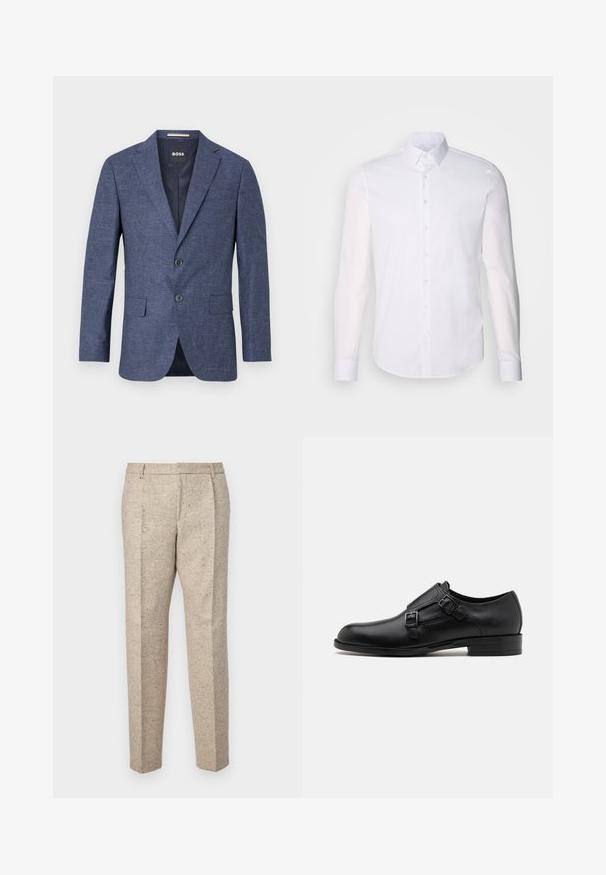 Navyblauer Blazer aus strukturiertem Stoff, einreihig mit zwei vorderen Knöpfen, mit Reverskragen und Seitentaschen. Gefüttert.; Weißes Langarm-Hemd aus Baumwolle, mit klassischem Kragen, vorderen Knöpfen und minimalen Nähdetails.; Beige maßgeschneiderte Hose aus strukturiertem Stoff, mit zwei vorderen Falten, Gürtelschlaufen und geradem Bein.; Schwarze Leder- Schnürschuhe mit doppelten Schnallen, schlanker Silhouette und runder Zehenpartie. Sie verfügen über einen niedrigen Absatz und eine glatte Textur.