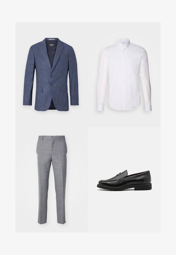 Sötétkék blézer texturált anyagból, egysoros, két elülső gombbal, hajtókás gallérral és oldalsó zsebekkel. Bélelt belső rész.; Fehér, hosszú ujjú, gombos ing, pamutból készült, klasszikus gallérral, elöl gombokkal és minimalista varrási részletekkel.; J.LINDEBERG LEO 2 TONES PANTS - Nadrágok - black; Fekete szintetikus lóferek, feltűnő varrott elejükkel, párnázott talpbetéttel és lapos gumitalppal; letisztult dizájn minimális részletekkel.