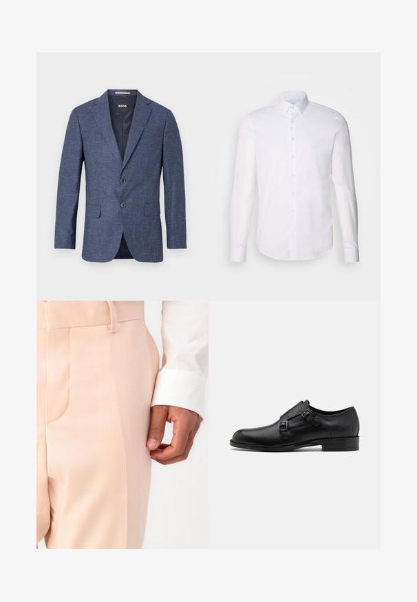 Navy blue blazer in textured fabric, single-breasted with two front buttons, notch lapels, and side pockets. Lined interior.; White long-sleeve button-up shirt made from cotton, featuring a classic collar, front buttons, and minimal stitching detail.; Pale pink tailored trousers with a smooth texture, featuring a side pocket and a belt loop, paired with a white shirt cuff.; Black leather dress shoe with dual buckles, sleek silhouette, and round toe. Features a low heel and smooth texture.