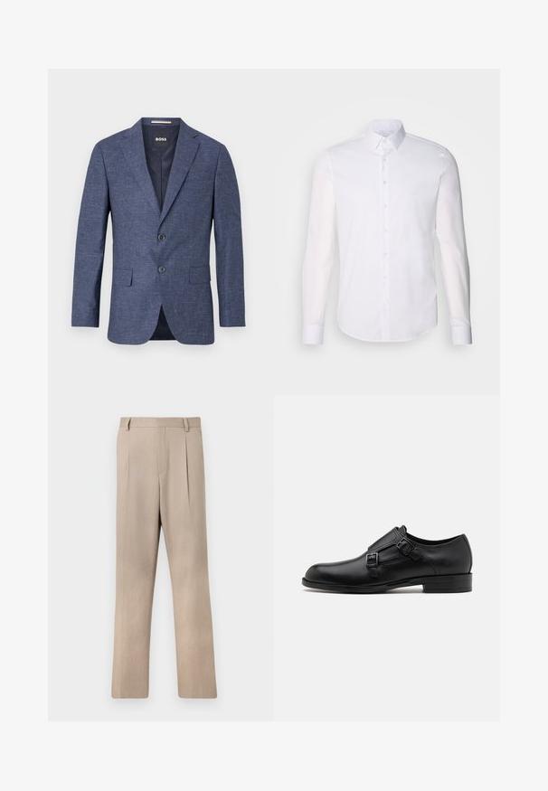 Navyblauer Blazer aus strukturiertem Stoff, einreihig mit zwei vorderen Knöpfen, mit Reverskragen und Seitentaschen. Gefüttert.; Weißes Langarm-Hemd aus Baumwolle, mit klassischem Kragen, vorderen Knöpfen und minimalen Nähdetails.; Hellbeige, maßgeschneiderte Hosen mit geradem Bein, die eine glatte Textur und vorne gelegte Falten für zusätzliche Details aufweisen.; Schwarze Leder- Schnürschuhe mit doppelten Schnallen, schlanker Silhouette und runder Zehenpartie. Sie verfügen über einen niedrigen Absatz und eine glatte Textur.