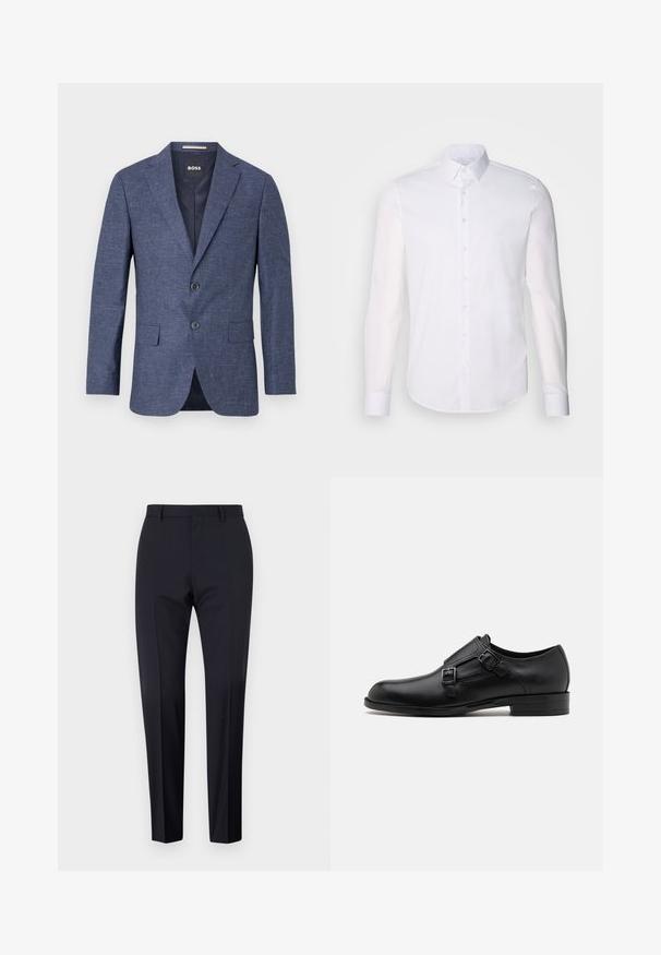 Sötétkék blézer texturált anyagból, egysoros, két elülső gombbal, hajtókás gallérral és oldalsó zsebekkel. Bélelt belső rész.; Fehér, hosszú ujjú, gombos ing, pamutból készült, klasszikus gallérral, elöl gombokkal és minimalista varrási részletekkel.; Tengerészeti szabású nadrág, egyenes frontrésszel, slim fit fazonnal, övhurkokkal és oldalsó zsebekkel. Simaság jellemzi, ropogós befejezéssel, látható minták vagy díszítések nélkül.; Fekete bőrcipő, dupla csattal, letisztult sziluettel és kerek orral. Alacsony sarka és sima felülete van.