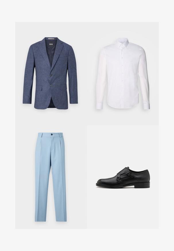 Marineblauwe blazer van textuurstof, enkelvoudig met twee knopen aan de voorkant, notch revers en zijzakken. Gevoerde binnenkant.; Witte lange mouwen overhemd met knopen, gemaakt van katoen, voorzien van een klassieke kraag, voorkant met knopen en minimale stikdetails.; Lichtblauwe broek gemaakt van gladde stof, met een recht model, voorplooien en een enkele knoopsluiting bij de tailleband.; Zwarte leren dresschoen met dubbele gespen, slank silhouet en ronde neus. Kenmerkt zich door een lage hak en een gladde textuur.