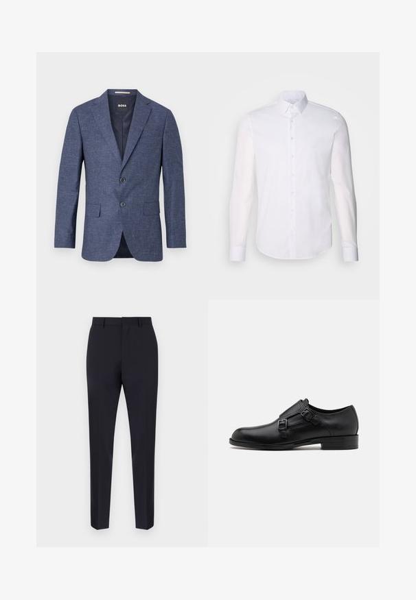 Granatowy żakiet z fakturowanej tkaniny, jednoigielny z dwoma przednimi guzikami, klapami w kształcie notcha oraz bocznymi kieszeniami. Podszewka wewnętrzna.; Biała, długosleeve koszula zapinana na guziki z bawełny, z klasycznym kołnierzykiem, guzikami z przodu i minimalnymi detalami przeszycia.; Granatowe spodnie wykonane z gładkiego materiału, charakteryzujące się dopasowanym krojem, gładkim przodem oraz dwiema bocznymi kieszeniami. Posiadają zamek błyskawiczny i szlufki na pasek.; Czarne skórzane buty do garnituru z podwójnymi klamrami, smukła sylwetka i okrągły czubek. Posiadają niski obcas i gładką fakturę.
