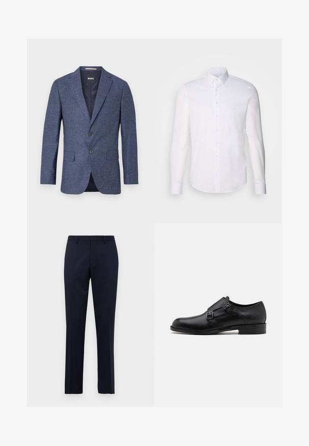 Tumesinine bleiser tekstureeritud kangast, ühe nööbiga, kahe esise nööbiga, nurgeliste kraede ja küljetaskutega. Vooderdatud sisemus.; Valge pikkade varrukatega nööpidega särk, mis on valmistatud puuvillast, klassikalise krae, eest nööpide ja minimaalsete õmblusdetailidega.; Tumed sinise värviga kitsas lõikega ametlikud püksid, millel on vöölook ja pressitud esikortsud, esitatud lihtsa valge tausta ees.; Musta nahast kleitking, kus on kaks pandlat, voolava silueti ja ümarate varvastega. Omab madalat kontsa ja siledat tekstuuri.