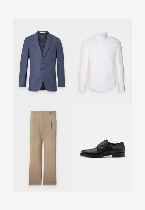 Tamno plavi sako od teksturiranog materijala, s jednim redom dugmadi i dva prednja dugmeta, s odrezanim reverima i bočnim džepovima. Podstavljeni unutrašnjost.; Bijela košulja dugih rukava s gumbima napravljena od pamuka, s klasičnom kragnom, prednjim gumbima i minimalnim detaljima šivanja.; Bež hlače izrađene od laganog materijala, s ravnim krojem, dvostrukim nabranjima i zamotanim manžetama za opušteni izgled.; Crne kožne cipele s dvostrukim kopčama, elegantne siluete i okruglim prstima. Imaju nisku petu i glatku teksturu.