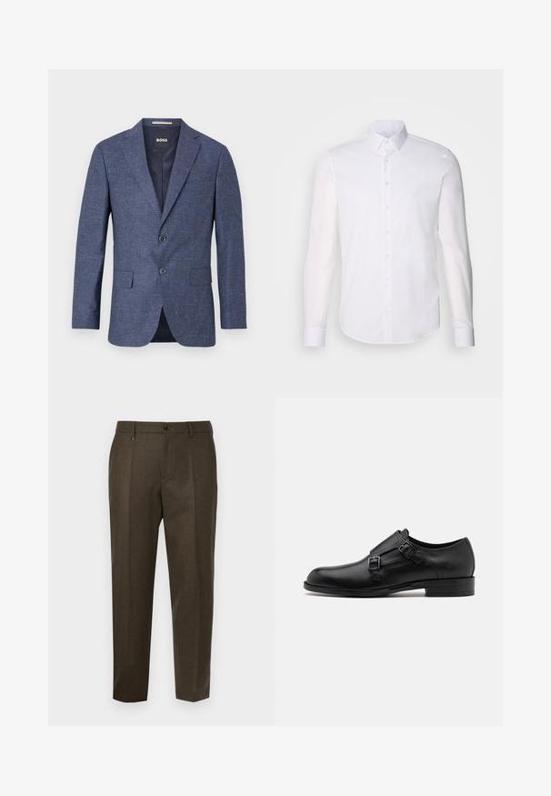 Navyblauer Blazer aus strukturiertem Stoff, einreihig mit zwei vorderen Knöpfen, mit Reverskragen und Seitentaschen. Gefüttert.; Weißes Langarm-Hemd aus Baumwolle, mit klassischem Kragen, vorderen Knöpfen und minimalen Nähdetails.; Dunkelbraune, maßgeschneiderte Hose mit glatter Textur, ausgestattet mit zwei vorderen Falten, einem Knopfverschluss und einem geraden Beinschnitt.; Schwarze Leder- Schnürschuhe mit doppelten Schnallen, schlanker Silhouette und runder Zehenpartie. Sie verfügen über einen niedrigen Absatz und eine glatte Textur.