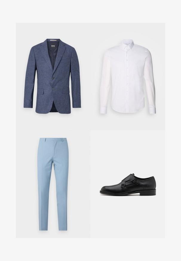 Navyblauer Blazer aus strukturiertem Stoff, einreihig mit zwei vorderen Knöpfen, mit Reverskragen und Seitentaschen. Gefüttert.; Weißes Langarm-Hemd aus Baumwolle, mit klassischem Kragen, vorderen Knöpfen und minimalen Nähdetails.; Helle blaue maßgeschneiderte Hose mit slim Fit, glatter Textur, Bundfalten, tailliertem Bund und Gürtelschlaufen. Keine sichtbaren Taschen.; Schwarze Leder- Schnürschuhe mit doppelten Schnallen, schlanker Silhouette und runder Zehenpartie. Sie verfügen über einen niedrigen Absatz und eine glatte Textur.