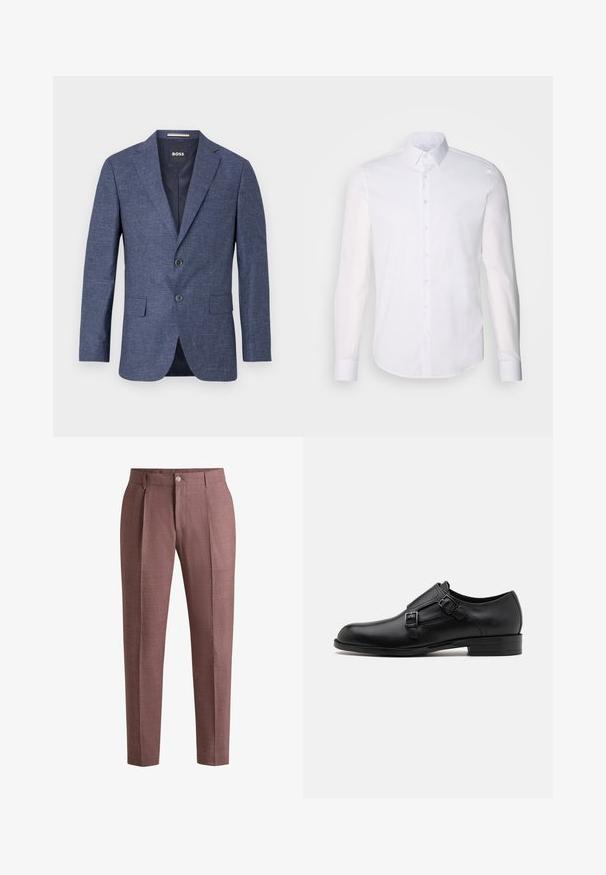 Mørkeblå blazer i strikket stof, en-knap, med to frontknapper, slagkrave og sidelommer. Foret indre.; Hvid langærmet button-up skjorte lavet af bomuld, med en klassisk krave, frontknapper og minimal syning detalje.; Brune plisserede bukser lavet af tekstureret stof med en subtil glans, der har en knaplukning og lige ben.; Sort læderherresko med dobbelte spænder, slank silhuet og rund tå. Har en lav hæl og glat tekstur.