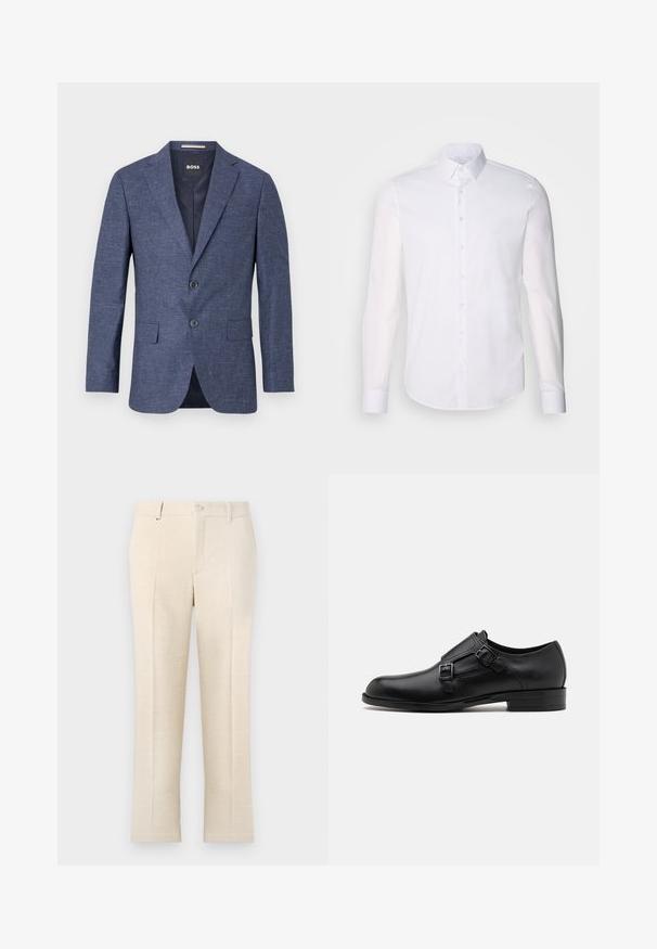 Sötétkék blézer texturált anyagból, egysoros, két elülső gombbal, hajtókás gallérral és oldalsó zsebekkel. Bélelt belső rész.; Fehér, hosszú ujjú, gombos ing, pamutból készült, klasszikus gallérral, elöl gombokkal és minimalista varrási részletekkel.; Beige, szabott nadrág, textúrált anyagból, cipzáros záródással, két elülső zsebbel és karcsú, egyenes szárú kialakítással.; Fekete bőrcipő, dupla csattal, letisztult sziluettel és kerek orral. Alacsony sarka és sima felülete van.