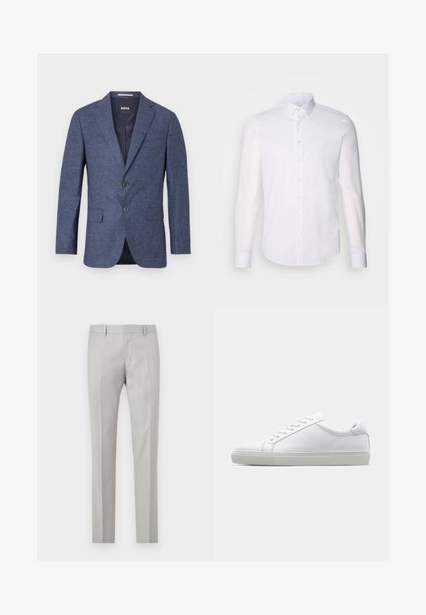 Navyblauer Blazer aus strukturiertem Stoff, einreihig mit zwei vorderen Knöpfen, mit Reverskragen und Seitentaschen. Gefüttert.; Weißes Langarm-Hemd aus Baumwolle, mit klassischem Kragen, vorderen Knöpfen und minimalen Nähdetails.; Hellgraue, maßgeschneiderte Hose aus glattem Stoff mit flachem Bund und zwei Seitentaschen. Sie hat gerade Beine und dezente Faltendetails.; Weißer Sneaker mit glattem Lederobermaterial und niedrigem Profil. Verfügt über eine runde Zehenpartie, sechs Ösen und eine strukturierte Gummisohle.