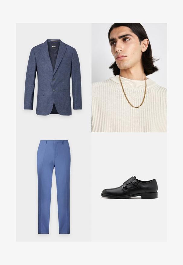 Blazer azul marino en tejido texturizado, de un solo botón con dos botones frontales, solapas en pico y bolsillos laterales. Interior forrado.; Camisa blanca de manga larga y botones, hecha de algodón, que presenta un cuello clásico, botones en la parte delantera y un detalle de costura minimalista.; Pantalones de corte entallado en color azul claro con una textura suave, que presentan pliegues marcados, un frente liso y sin bolsillos ni adornos visibles.; Zapato de vestir de cuero negro con doble hebilla, silueta elegante y punta redonda. Cuenta con un tacón bajo y una textura suave.; Collarín de oro sobre un suéter de punto ribeteado color crema; textura suave con un cuello alto y un patrón sutil en la tela.