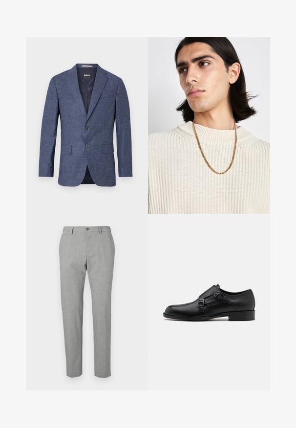 Temno modra blazer jakna iz teksturirane tkanine, enoredno zapenjanje z dvema sprednjima gumboma, z rezanimi ovratniki in stranskimi žepi. Podloženo notranjost.; Bela srajca z dolgimi rokavi in gumbom, izdelana iz bombaža, z klasičnim ovratnikom, sprednjimi gumbi in minimalnimi šivi.; Sive hlače iz teksturirane tkanine, z zapiranjem na gumb, prilegajočim krojem in ravno obliko nogavic.; Črne usnjene oblečne čevlje z dvema sponkama, elegantna silhueta in okrogla nos. Imajo nizek peto in gladko teksturo.; Zlata verižica nosena preko kremnega pletenega puloverja; mehka tekstura z visokim ovratnikom in subtilnim vzorcem v tkanini.