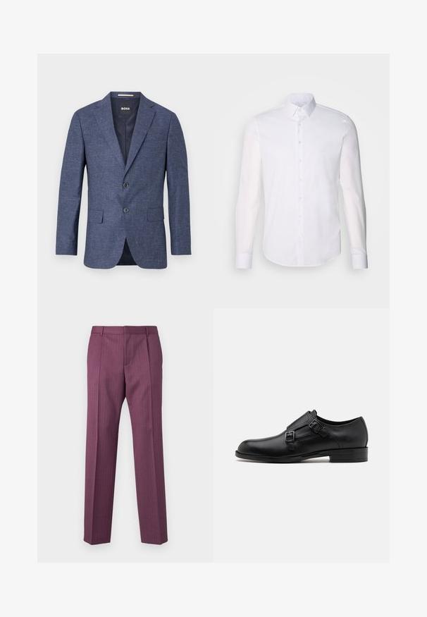 Sötétkék blézer texturált anyagból, egysoros, két elülső gombbal, hajtókás gallérral és oldalsó zsebekkel. Bélelt belső rész.; Fehér, hosszú ujjú, gombos ing, pamutból készült, klasszikus gallérral, elöl gombokkal és minimalista varrási részletekkel.; Lila, csíkozott nadrág egyenes lábakkal, testre szabott dizájnnal és elülső zsebekkel. Könnyű anyagból készült, övhurkokkal és elülső hajtással rendelkezik.; Fekete bőrcipő, dupla csattal, letisztult sziluettel és kerek orral. Alacsony sarka és sima felülete van.