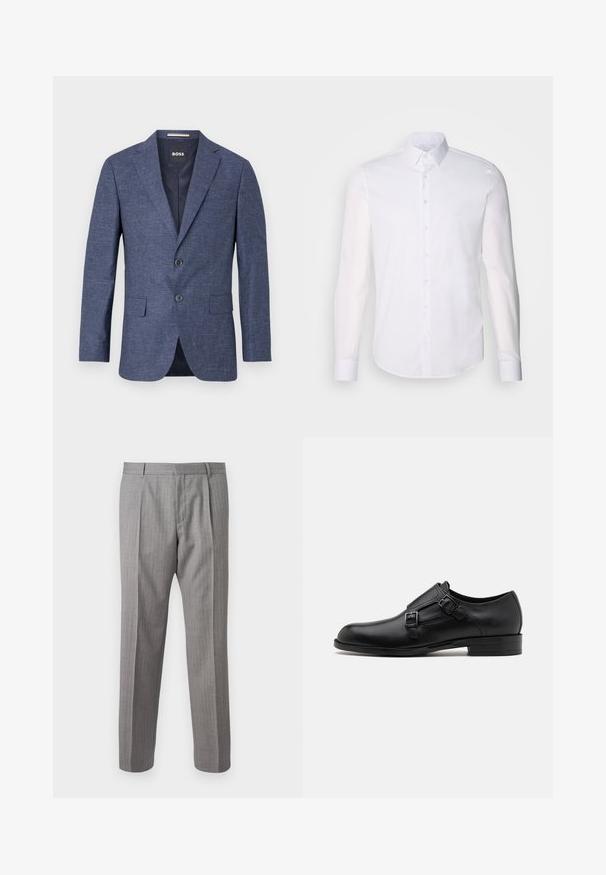 Sötétkék blézer texturált anyagból, egysoros, két elülső gombbal, hajtókás gallérral és oldalsó zsebekkel. Bélelt belső rész.; Fehér, hosszú ujjú, gombos ing, pamutból készült, klasszikus gallérral, elöl gombokkal és minimalista varrási részletekkel.; Szürke, csíkos nadrág, testhezálló fazonnal, elöl redőkkel, övhurkokkal és sima textúrával. Egyenes szárú kialakítás, tiszta szegések.; Fekete bőrcipő, dupla csattal, letisztult sziluettel és kerek orral. Alacsony sarka és sima felülete van.