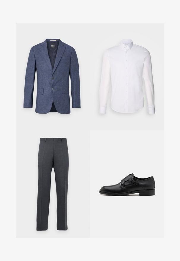 Navyblauer Blazer aus strukturiertem Stoff, einreihig mit zwei vorderen Knöpfen, mit Reverskragen und Seitentaschen. Gefüttert.; Weißes Langarm-Hemd aus Baumwolle, mit klassischem Kragen, vorderen Knöpfen und minimalen Nähdetails.; Herrenanzughose in Dunkelgrau, mit Gürtelschlaufen und vorderen Bügelfalten, vor einem weißen Hintergrund präsentiert.; Schwarze Leder- Schnürschuhe mit doppelten Schnallen, schlanker Silhouette und runder Zehenpartie. Sie verfügen über einen niedrigen Absatz und eine glatte Textur.
