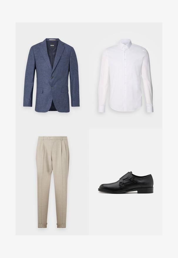 Námornícky modrý blejzer z textúrovanej tkaniny, s jedným radom gombíkov, s rozparkami a bočnými vreckami. Podšívaný interiér.; Biela košeľa s dlhým rukávom, vyrobená z bavlny, s klasickým golierom, prednými gombíkmi a minimálnym prešívaním.; Bežové plisované nohavice s hladkou textúrou, s predným zapínaním na gombík a rolovanými lemami. Prepracovaný strih a rovný strih nohavíc.; Čierne kožené spoločenské topánky s dvojitými prackami, elegantným siluetou a okrúhlou špičkou. Majú nízky opätok a hladký povrch.