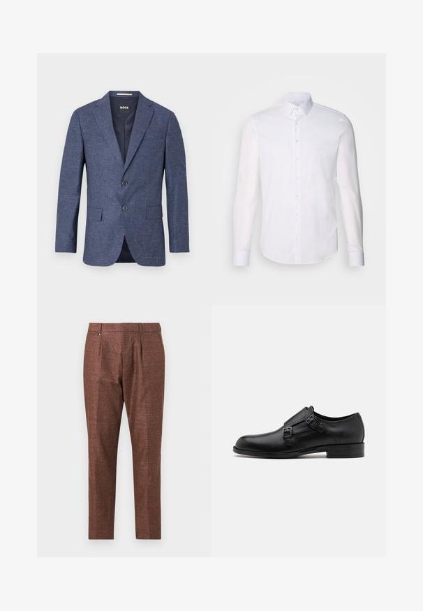 Sötétkék blézer texturált anyagból, egysoros, két elülső gombbal, hajtókás gallérral és oldalsó zsebekkel. Bélelt belső rész.; Fehér, hosszú ujjú, gombos ing, pamutból készült, klasszikus gallérral, elöl gombokkal és minimalista varrási részletekkel.; Barna, textúrázott nadrág, testre szabott fazonnal, lapos elejével, két elülső zsebbel és diszkrét fényével.; Fekete bőrcipő, dupla csattal, letisztult sziluettel és kerek orral. Alacsony sarka és sima felülete van.