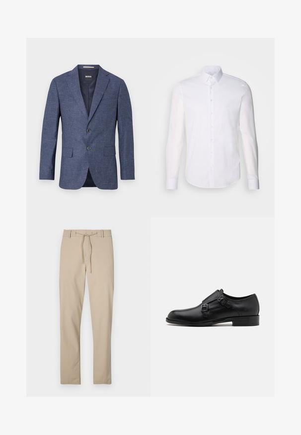 Jūras zilā blazeris teksturētā audumā, vienas rindas ar diviem priekšējiem pogām, ar izdajtajām atlokrām un sānu kabatām. Odere iekšpusē.; Balta kokvilnas krekla garajām piedurknēm ar pogām, kura dizainā ir klasiskā apkakle, priekšējās pogas un minimālistiska šuvju detaļa.; Bēšie bikses no mīksta auduma, ar aukliņu jostasvietā, taisnu kāju dizainu un gludu tekstūru. Nav redzamu rakstu vai akcentu.; Melnas ādas kleitas kurpes ar diviem sprādzēm, elegants siluets un apaļš purngals. Iezīmējas ar zemu papēdi un gludu tekstūru.