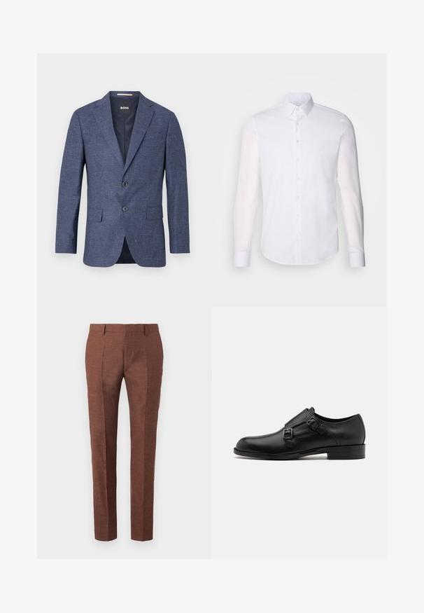 Tamsiai mėlynas švarkas iš tekstūruoto audinio, viengubas, su dviem priekiniais mygtukais, su notch tipo apykakle ir šoninėmis kišenėmis. Pamušalas viduje.; Baltas ilgas rankoves mygtukinis marškinys, pagamintas iš medvilnės, su klasikinio tipo apykakle, priekyje esančiais mygtukais ir minimaliais siuvinėjimo detalėmis.; Rudos lininis kelnes su tekstūru, turi slim fit dizainą, siuvinėtus priekinius raukšles ir dvi šonines kišenes.; Juodas odinis vakariniu batų modelis su dviem sagtimis, elegantiška siluetas ir apvaliu nosiu. Yra žemas kulnas ir glotni tekstūra.