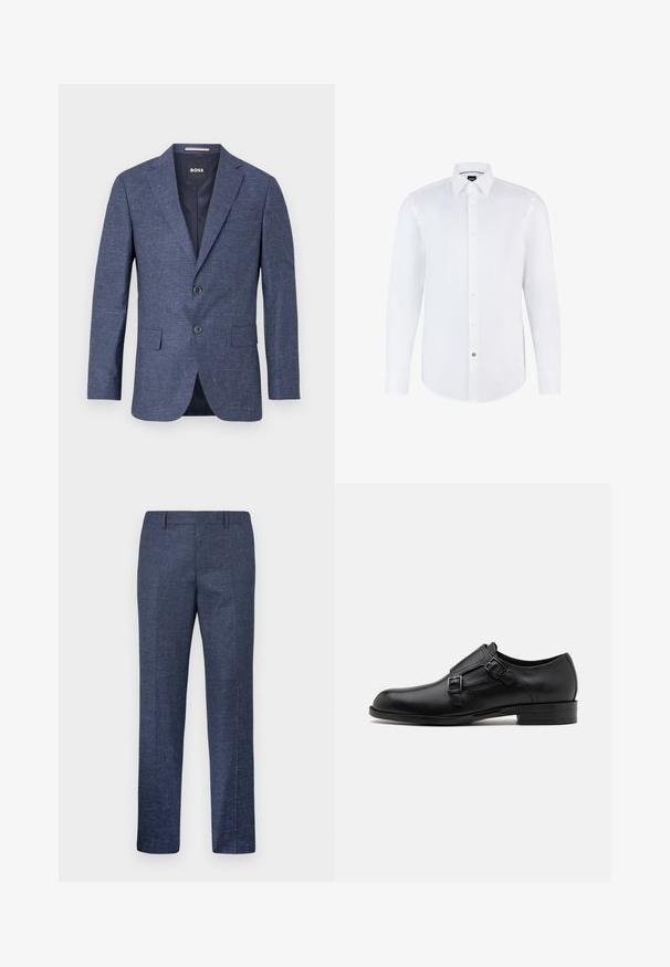 Mörkblå blazer i texturerat tyg, enkelskuren med två framknappar, slagkrage och sidofickor. Fodrad insida.; Vit långärmad skjorta i slätt tyg med knapplist fram, spetsig krage och rundad nederkant. Anmärkningsvärd märkesknapp som accent.; Mörkblå byxor tillverkade av ett strukturerat tyg, med raka ben, platt fram och två sidofickor. Inga synliga mönster eller dekorationer.; Svart läderskor med dubbla spännen, elegant silhuett och rund tå. Har en låg klack och en mjuk yta.