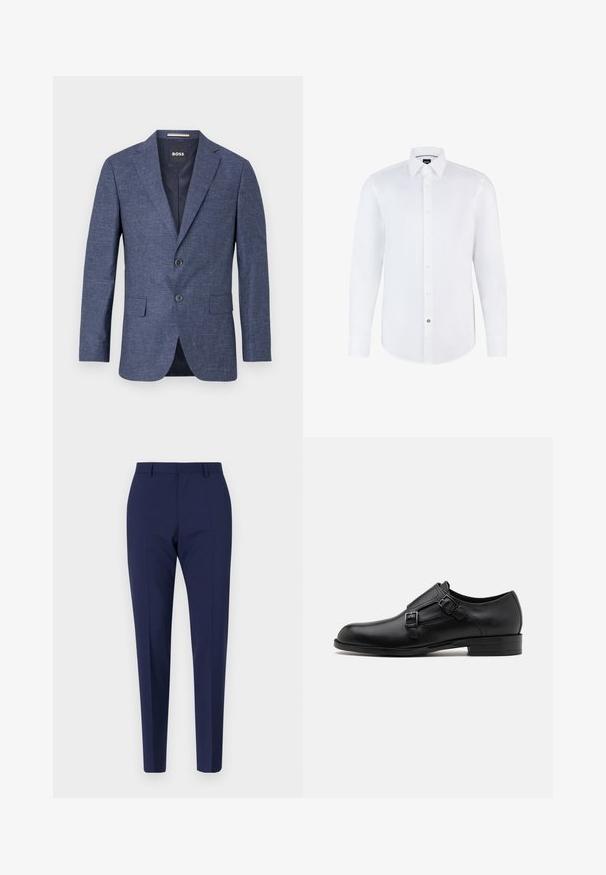 Navy blue blazer in textured fabric, single-breasted with two front buttons, notch lapels, and side pockets. Lined interior.; White long-sleeve dress shirt made of smooth fabric with a button-up front, pointed collar, and curved hem. Notable branded button accent.; Navy blue tailored pants with a slim fit, featuring a smooth texture, flat front, and creased legs. No visible pockets or embellishments.; Black leather dress shoe with dual buckles, sleek silhouette, and round toe. Features a low heel and smooth texture.