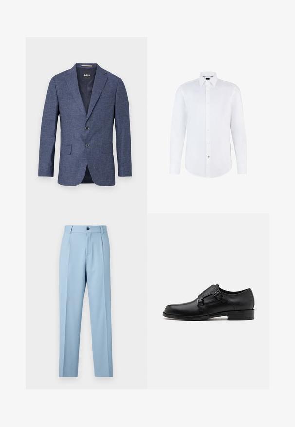 Navy blue blazer in textured fabric, single-breasted with two front buttons, notch lapels, and side pockets. Lined interior.; White long-sleeve dress shirt made of smooth fabric with a button-up front, pointed collar, and curved hem. Notable branded button accent.; Light blue trousers made of smooth fabric, featuring a straight leg design, front pleats, and a single button closure at the waistband.; Black leather dress shoe with dual buckles, sleek silhouette, and round toe. Features a low heel and smooth texture.