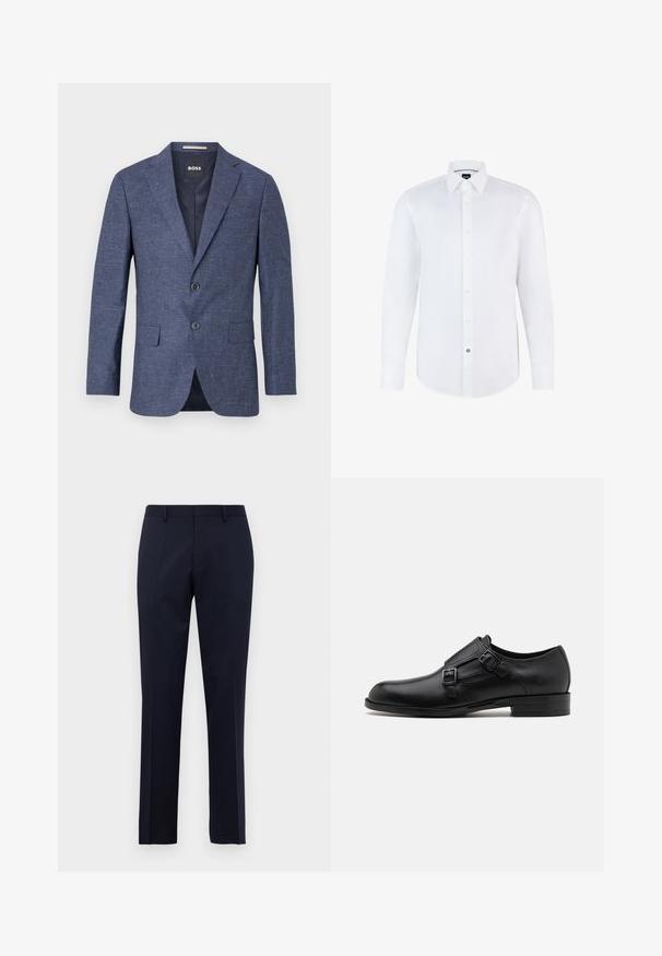 Granatowy żakiet z fakturowanej tkaniny, jednoigielny z dwoma przednimi guzikami, klapami w kształcie notcha oraz bocznymi kieszeniami. Podszewka wewnętrzna.; Biała koszula z długim rękawem, wykonana z gładkiego materiału, z zapięciem na guziki, kołnierzykiem w szpic i zaokrąglonym dołem. Wyraźny akcent z logo na guziku.; Granatowe, dopasowane spodnie formalne z pętelkami na pasek i prasowanymi zagięciami z przodu, wyeksponowane na jednolitym białym tle.; Czarne skórzane buty do garnituru z podwójnymi klamrami, smukła sylwetka i okrągły czubek. Posiadają niski obcas i gładką fakturę.