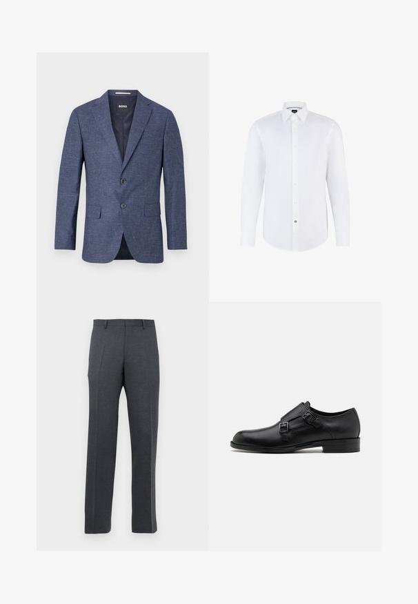 Navyblauer Blazer aus strukturiertem Stoff, einreihig mit zwei vorderen Knöpfen, mit Reverskragen und Seitentaschen. Gefüttert.; Weißes Hemd mit langen Ärmeln aus glattem Stoff, mit Knopfleiste, spitzem Kragen und abgerundetem Saum. Auffälliger Markenschalterakzent.; Herrenanzughose in Dunkelgrau, mit Gürtelschlaufen und vorderen Bügelfalten, vor einem weißen Hintergrund präsentiert.; Schwarze Leder- Schnürschuhe mit doppelten Schnallen, schlanker Silhouette und runder Zehenpartie. Sie verfügen über einen niedrigen Absatz und eine glatte Textur.