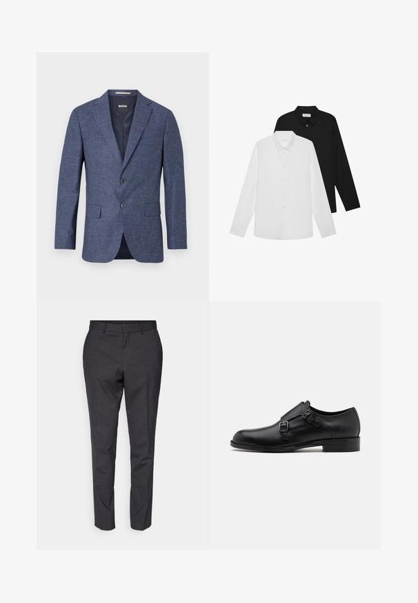 Navyblauer Blazer aus strukturiertem Stoff, einreihig mit zwei vorderen Knöpfen, mit Reverskragen und Seitentaschen. Gefüttert.; Weiße und schwarze Langarmshirts mit spitzen Kragen, Knöpfen vorne und einer glatten Stoffstruktur. Etiketten sichtbar am inneren Kragen.; Graue maßgeschneiderte Hose mit glatter Textur, schmaler Passform und tapered Beinen, mit flachem Bund und Gürtelschlaufen für zusätzliche Details.; Schwarze Leder- Schnürschuhe mit doppelten Schnallen, schlanker Silhouette und runder Zehenpartie. Sie verfügen über einen niedrigen Absatz und eine glatte Textur.