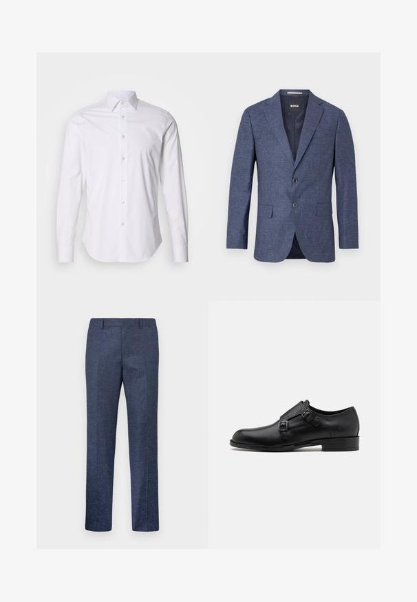 Blazer bleu marine en tissu texturé, à un boutonnage avec deux boutons à l'avant, revers en pointe et poches latérales. Intérieur doublé.; Chemise blanche à manches longues avec de petits pois marins, col boutonné, et un léger éclat, dotée d'un ourlet arrondi et d'une fermeture à boutons classique.; Pantalon bleu marine en tissu texturé, avec des jambes droites, un devant plat et deux poches latérales. Pas de motifs ou d'accents visibles.; Chaussure habillée en cuir noir avec double boucle, silhouette élégante et bout rond. Dispose d'un petit talon et d'une texture lisse.