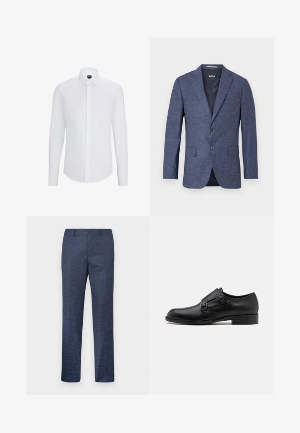 Mørkeblå blazer i strikket stof, en-knap, med to frontknapper, slagkrave og sidelommer. Foret indre.; Hvid langærmet skjorte med knaplukning og spidse krave, lavet af glat stof, med en front placket og afrundet kant.; Marineblå bukser lavet af et struktureret stof, med lige ben, flad front og to sidelommer. Ingen synlige mønstre eller accenter.; Sort læderherresko med dobbelte spænder, slank silhuet og rund tå. Har en lav hæl og glat tekstur.