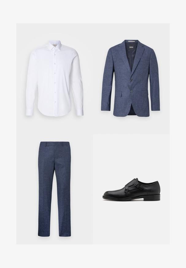 Blazer blu navy in tessuto texturizzato, monopetto con due bottoni frontali, revers a scampo e tasche laterali. Interno foderato.; Camicia bianca a maniche lunghe in morbido cotone. Presenta un colletto a punta, una chiusura frontale con bottoni e un orlo arrotondato. Senza motivi o abbellimenti.; Pantaloni blu navy realizzati in un tessuto texturizzato, con gamba dritta, davanti piatto e due tasche laterali. Nessun motivo o dettaglio visibile.; Scarpa da uomo in vera pelle nera con doppie fibbie, silhouette elegante e punta tonda. Presenta un tacco basso e una texture liscia.