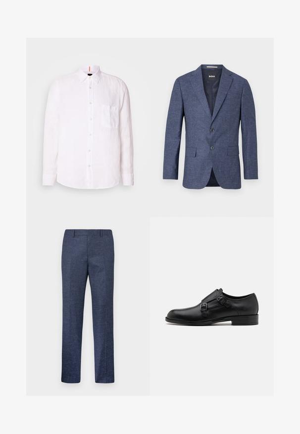 Marineblauwe blazer van textuurstof, enkelvoudig met twee knopen aan de voorkant, notch revers en zijzakken. Gevoerde binnenkant.; Witte linnen overhemd met knoopsluiting en een voorzak, puntige kraag en lange mouwen. Heeft een subtiele textuur, slim fit en een rechte zoom.; Navyblauwe broek van een gestructureerde stof, met rechte pijpen, een vlakke voorkant en twee zijzakken. Geen zichtbare patronen of accenten.; Zwarte leren dresschoen met dubbele gespen, slank silhouet en ronde neus. Kenmerkt zich door een lage hak en een gladde textuur.