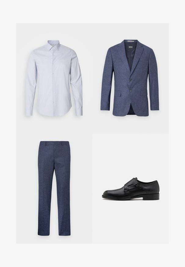 Temno modra blazer jakna iz teksturirane tkanine, enoredno zapenjanje z dvema sprednjima gumboma, z rezanimi ovratniki in stranskimi žepi. Podloženo notranjost.; Svetlo modra srajca z dolgimi rokavi in gumbi, ki ima tanke bele vertikalne črte, klasičen ovratnik in gumbno zapiranje s podrobnostmi na manšetah.; Temno modri hlače iz teksturiranega blaga, s pravimi nogami, ravnim sprednjim delom in dvema stranskima žepoma. Brez vidnih vzorcev ali akcentov.; Črne usnjene oblečne čevlje z dvema sponkama, elegantna silhueta in okrogla nos. Imajo nizek peto in gladko teksturo.