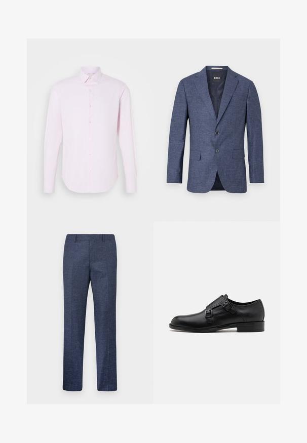 Námornícky modrý blejzer z textúrovanej tkaniny, s jedným radom gombíkov, s rozparkami a bočnými vreckami. Podšívaný interiér.; Svetloružová košeľa s dlhým rukávom, zapínaním na gombíky, s bodovým golierom a hladkou textúrou. Má jemné vertikálne pruhy a priliehavý strih.; Námornícke modré nohavice vyrobené z textúrovanej látky, s rovnými nohavicami, plochým predkom a dvoma bočnými vreckami. Žiadne viditeľné vzory ani akcenty.; Čierne kožené spoločenské topánky s dvojitými prackami, elegantným siluetou a okrúhlou špičkou. Majú nízky opätok a hladký povrch.