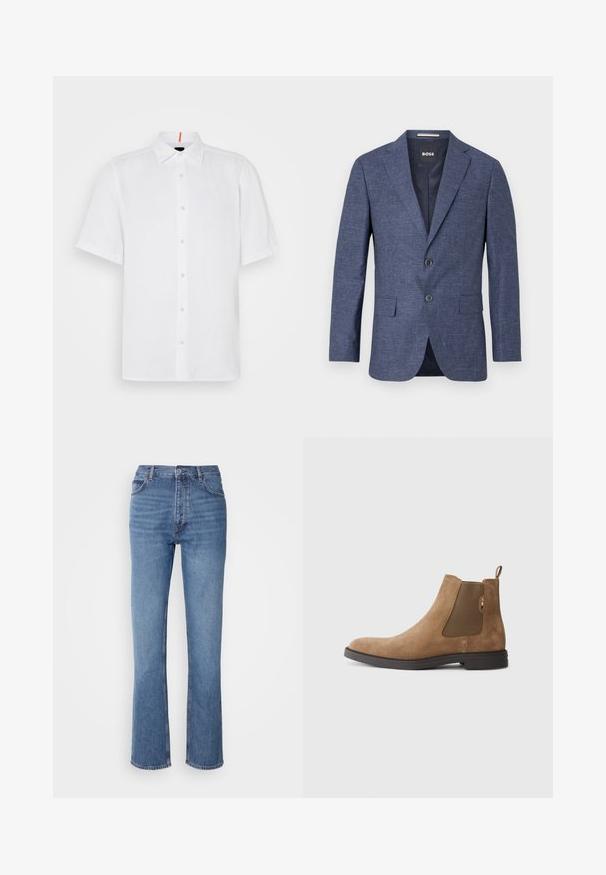 Sötétkék blézer texturált anyagból, egysoros, két elülső gombbal, hajtókás gallérral és oldalsó zsebekkel. Bélelt belső rész.; Fehér, rövid ujjú, vászonből készült ing, egyenes szabással. Gombos elülső rész, klasszikus gallér és diszkrét varrási részletek jellemzik.; Kék farmernadrág magas derékkal, egyenes szabású dizájnnal és enyhe kopással. Jellemzője az klasszikus öt zsebes kialakítás és cipzáras zárás.; Barna velúr Chelsea csizma, elasztikus oldalsó panelek és húzófül jellemzi. Kerek orrú és sík gumi talppal rendelkezik a stabilitás érdekében.