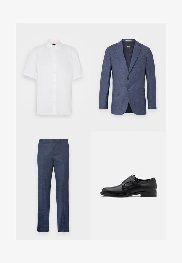 Tamsiai mėlynas švarkas iš tekstūruoto audinio, viengubas, su dviem priekiniais mygtukais, su notch tipo apykakle ir šoninėmis kišenėmis. Pamušalas viduje.; Baltas trumpas sijonas pagamintas iš lino, tiesaus kirpimo. Yra mygtukų užsegimas priekyje, klasikinė apykaklė ir subtilūs siuvinėjimo detalės.; Tamsiai mėlynos kelnės, pagamintos iš tekstūruoto audinio, su tiesiomis kojomis, lygia priekiu ir dviem šoninėmis kišenėmis. Nėra matomų raštų ar akcentų.; Juodas odinis vakariniu batų modelis su dviem sagtimis, elegantiška siluetas ir apvaliu nosiu. Yra žemas kulnas ir glotni tekstūra.