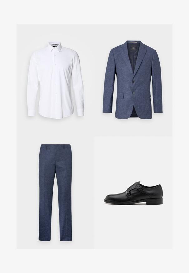 Navyblauer Blazer aus strukturiertem Stoff, einreihig mit zwei vorderen Knöpfen, mit Reverskragen und Seitentaschen. Gefüttert.; Weißes langärmliges Hemd mit Knopfverschluss aus glattem Stoff, mit spitzem Kragen und normaler Passform. Verfügt über eine Vorderleiste mit sechs Knöpfen.; Marineblaue Hose aus einem strukturierten Stoff, mit geraden Beinen, flachem Vorderteil und zwei seitlichen Taschen. Keine sichtbaren Muster oder Akzente.; Schwarze Leder- Schnürschuhe mit doppelten Schnallen, schlanker Silhouette und runder Zehenpartie. Sie verfügen über einen niedrigen Absatz und eine glatte Textur.
