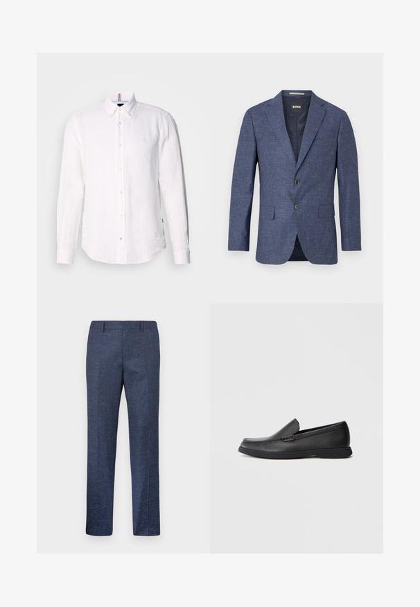 Navyblauer Blazer aus strukturiertem Stoff, einreihig mit zwei vorderen Knöpfen, mit Reverskragen und Seitentaschen. Gefüttert.; Weißes langärmeliges Leinenhemd mit Knopfleiste, klassischem Kragen und dezentem Logo auf der Brust. Verfügt über einen strukturierten Stoff und einen abgerundeten Saum.; Marineblaue Hose aus einem strukturierten Stoff, mit geraden Beinen, flachem Vorderteil und zwei seitlichen Taschen. Keine sichtbaren Muster oder Akzente.; Schwarze Leder Slipper mit strukturiertem Obermaterial, runder Zehenform, niedrigem Absatz und Gummisohle, seitlich auf weißem Hintergrund abgebildet.