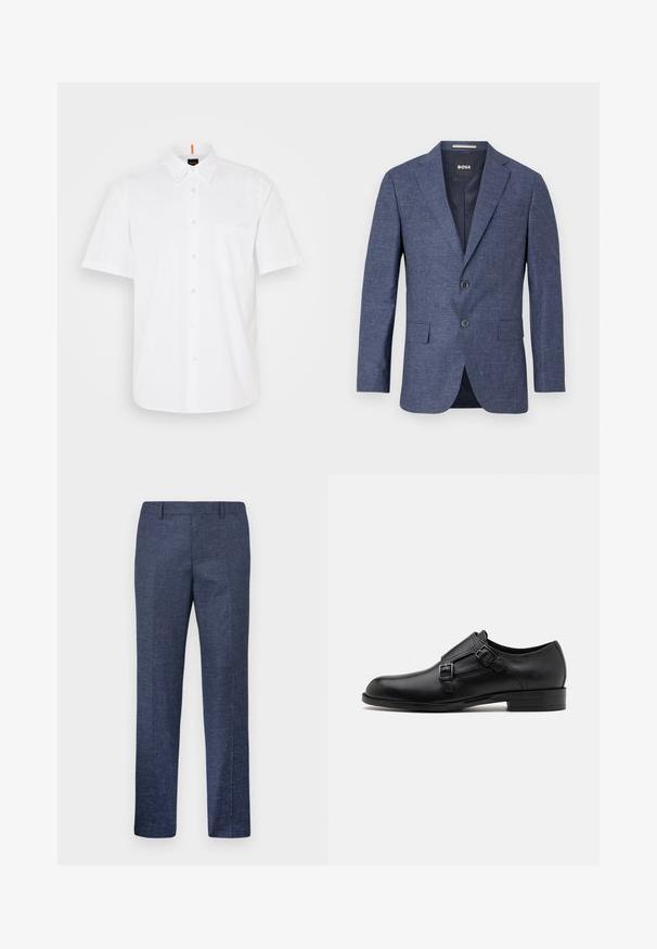 Námornícky modrý blejzer z textúrovanej tkaniny, s jedným radom gombíkov, s rozparkami a bočnými vreckami. Podšívaný interiér.; Biela krátkorpávková košeľa s gombíkmi, vyrobená z bavlny, s jednou náprsní kapsičkou, klasickým golierom a jemnými detailami v šití.; Námornícke modré nohavice vyrobené z textúrovanej látky, s rovnými nohavicami, plochým predkom a dvoma bočnými vreckami. Žiadne viditeľné vzory ani akcenty.; Čierne kožené spoločenské topánky s dvojitými prackami, elegantným siluetou a okrúhlou špičkou. Majú nízky opätok a hladký povrch.