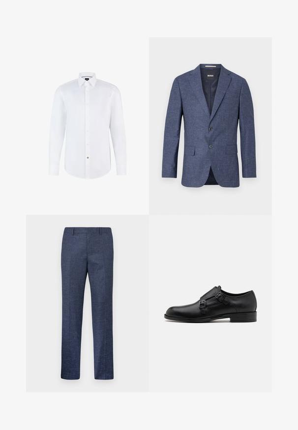 Marineblauwe blazer van textuurstof, enkelvoudig met twee knopen aan de voorkant, notch revers en zijzakken. Gevoerde binnenkant.; Witte lange mouwen overhemd gemaakt van gladde stof met een knoopsluiting aan de voorkant, puntige kraag en gebogen zoom. Opvallende merkknopaccenten.; Navyblauwe broek van een gestructureerde stof, met rechte pijpen, een vlakke voorkant en twee zijzakken. Geen zichtbare patronen of accenten.; Zwarte leren dresschoen met dubbele gespen, slank silhouet en ronde neus. Kenmerkt zich door een lage hak en een gladde textuur.